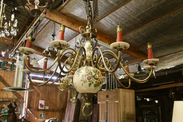 Importante lampadario olandese in bronzo a 10 bracci di luce
