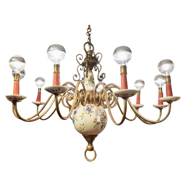 Importante lampadario olandese in bronzo a 10 bracci di luce