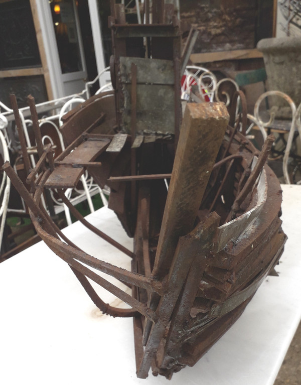 Sculpture en fer pour déco jardin d'un bateau de pêche année 50