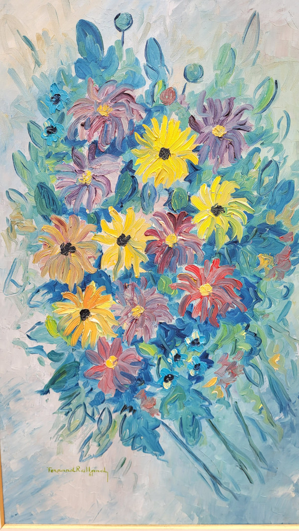 Blumenstraußgemälde „Die Dahlien“, F. Rolland (1920-2004)