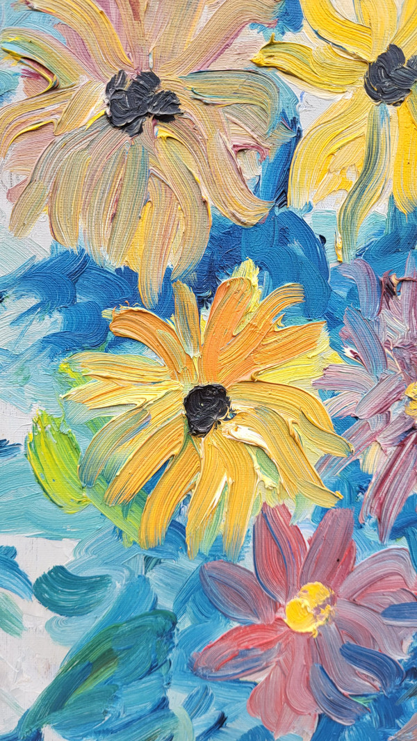 Blumenstraußgemälde „Die Dahlien“, F. Rolland (1920-2004)