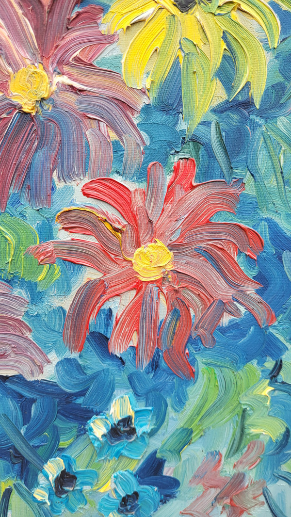 Blumenstraußgemälde „Die Dahlien“, F. Rolland (1920-2004)