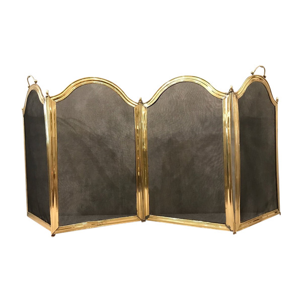 Old fireplace screen in polished brass and varnish from the 19th Louis Philippe period 