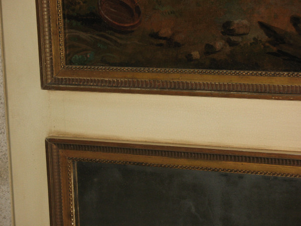 Trumeau en bois laqué huile sur toile et miroir au mercure époque fin 18ème Louis XVI
