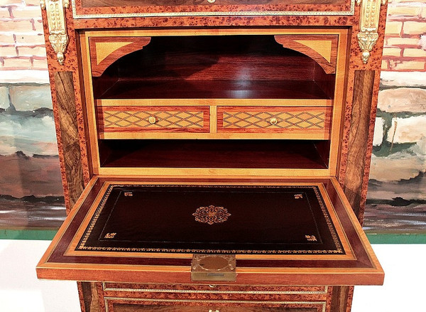 Secrétaire en Cèdre et Loupe de Thuya, style Louis XVI, époque Napoléon III - XIXe