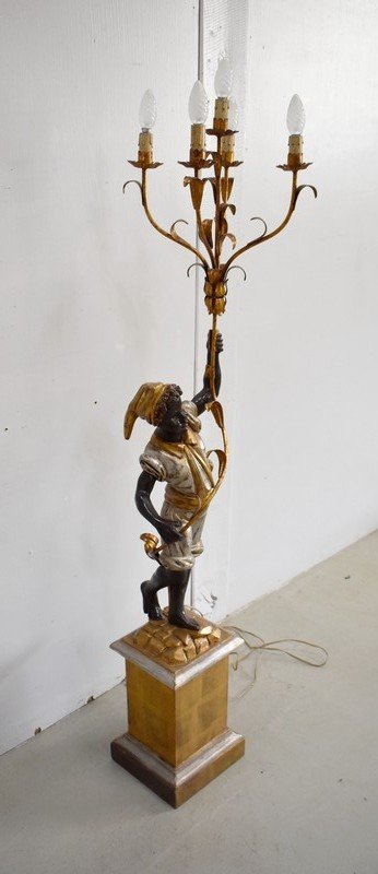  Nubien Porte-Torchère en Bois Sculpté, goût Vénitien – 1ère partie XXe 