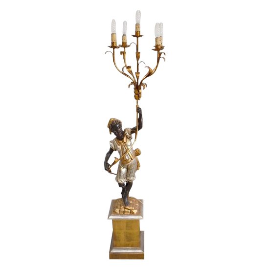  Nubien Porte-Torchère en Bois Sculpté, goût Vénitien – 1ère partie XXe 