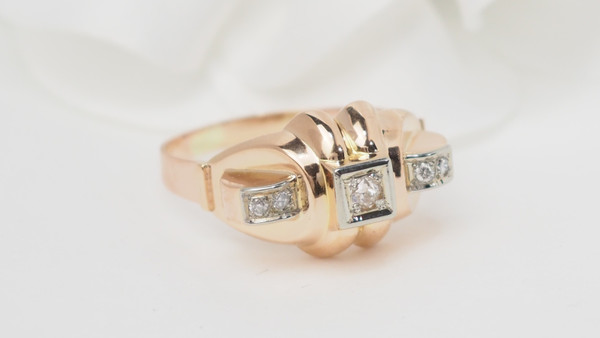 Anello Tank In Oro Rosa E Bianco, Diamanti