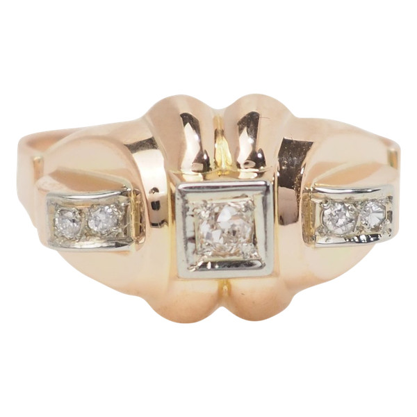 Anello Tank In Oro Rosa E Bianco, Diamanti