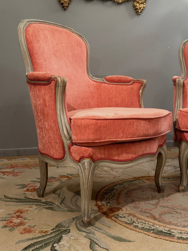 Paire De Bergères En Bois Laqué De Style Louis XV Epoque XIXème