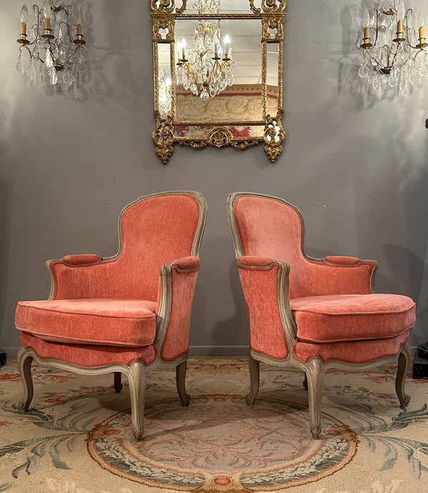 Paire De Bergères En Bois Laqué De Style Louis XV Epoque XIXème