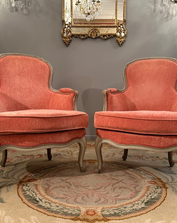Paire De Bergères En Bois Laqué De Style Louis XV Epoque XIXème