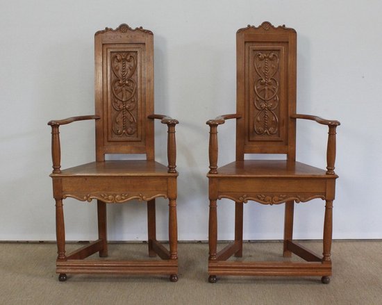  Paire de Fauteuils dits 'Caquetoires' en Chêne Blond, style Renaissance - Fin XIXe 