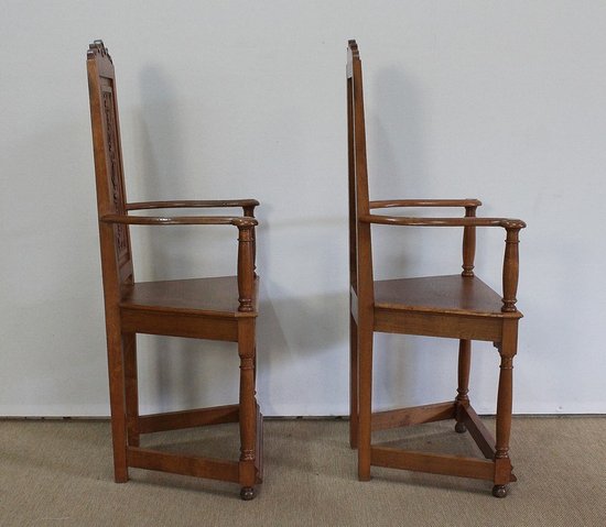  Paire de Fauteuils dits 'Caquetoires' en Chêne Blond, style Renaissance - Fin XIXe 