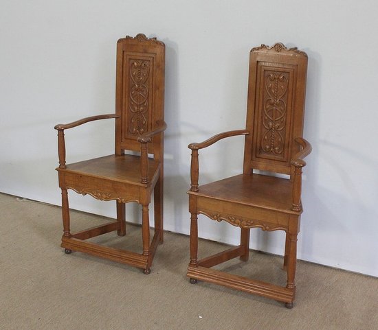  Paire de Fauteuils dits 'Caquetoires' en Chêne Blond, style Renaissance - Fin XIXe 
