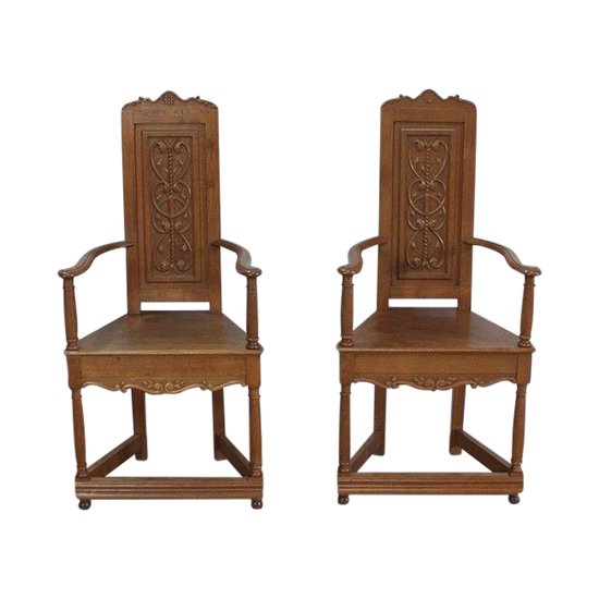  Paire de Fauteuils dits 'Caquetoires' en Chêne Blond, style Renaissance - Fin XIXe 