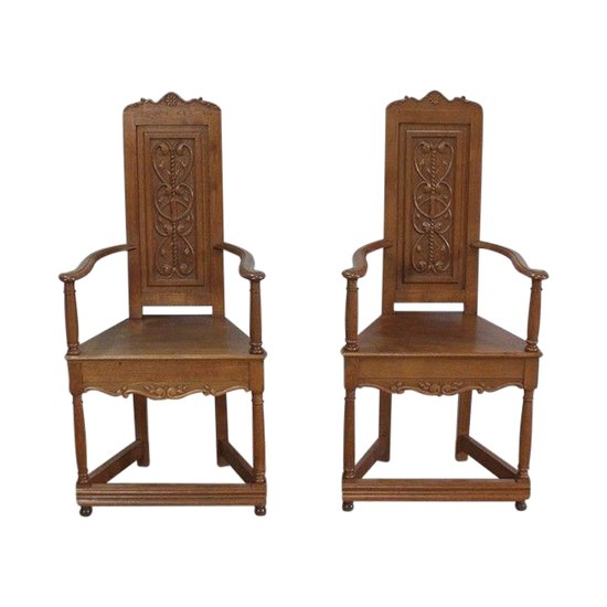  Pair of Armchairs known as 'Caquetoires' in Blond Oak, Renaissance style - Late 19th century