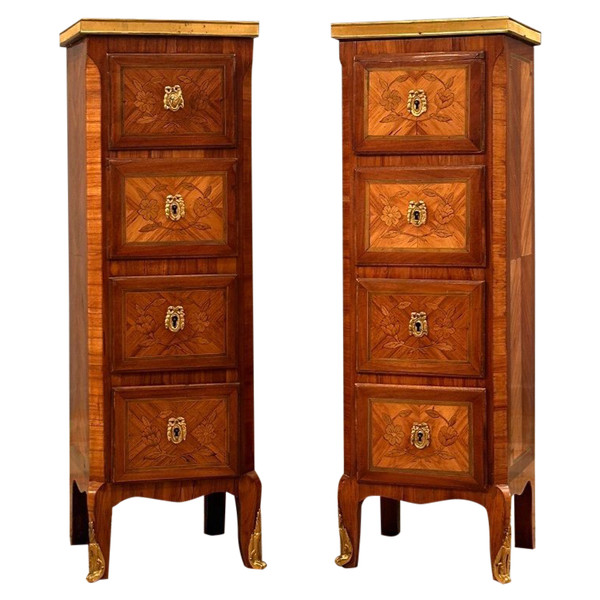 Paire De Petits Chiffonniers De Style Transition Louis XV Louis XVI XIXème