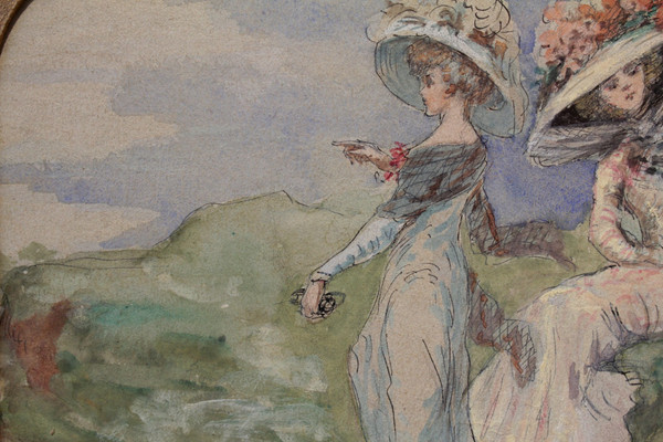 Acquerello "les élégantes En Bord De Mer" Fine XIX, inizio XX secolo
