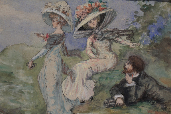 Acquerello "les élégantes En Bord De Mer" Fine XIX, inizio XX secolo