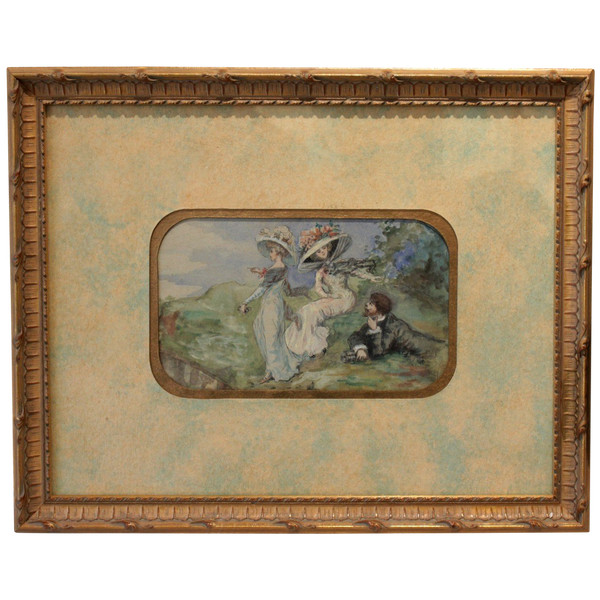 Acquerello "les élégantes En Bord De Mer" Fine XIX, inizio XX secolo