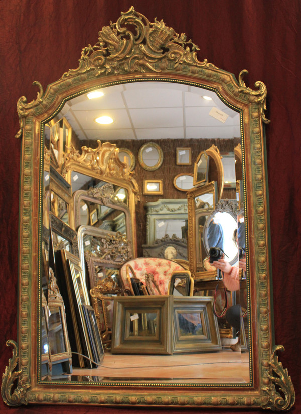 112 X 155 Cm, Miroir Ancien De Cheminée Style Louis XV, Feuille d'Or Et Patine, Glace Biseautée