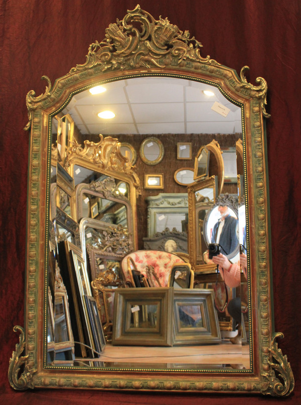 112 X 155 Cm, Miroir Ancien De Cheminée Style Louis XV, Feuille d'Or Et Patine, Glace Biseautée