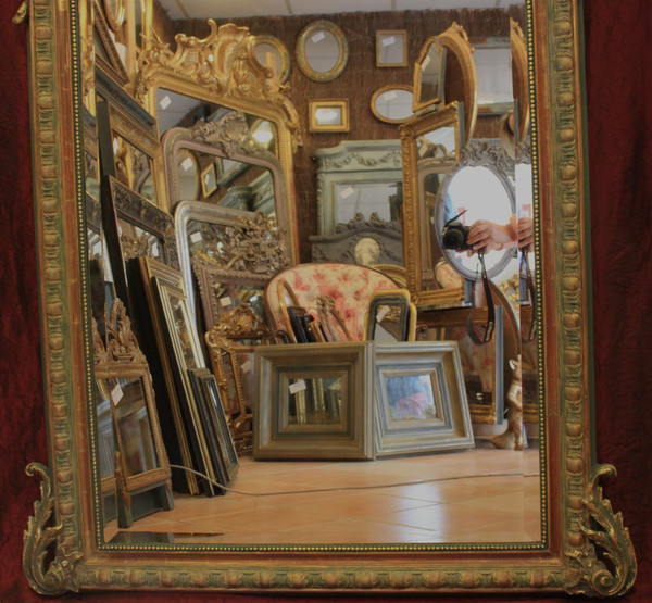 112 X 155 Cm, Miroir Ancien De Cheminée Style Louis XV, Feuille d'Or Et Patine, Glace Biseautée