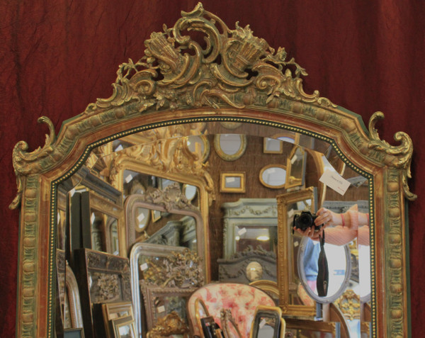 112 X 155 Cm, Miroir Ancien De Cheminée Style Louis XV, Feuille d'Or Et Patine, Glace Biseautée
