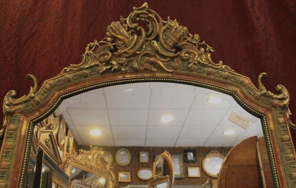 112 X 155 Cm, Miroir Ancien De Cheminée Style Louis XV, Feuille d'Or Et Patine, Glace Biseautée