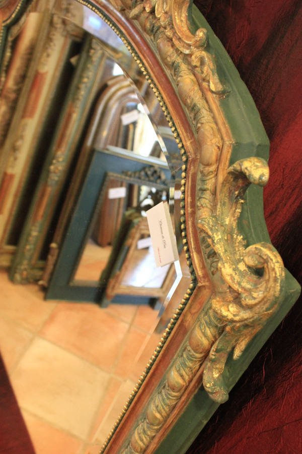 112 X 155 Cm, Miroir Ancien De Cheminée Style Louis XV, Feuille d'Or Et Patine, Glace Biseautée