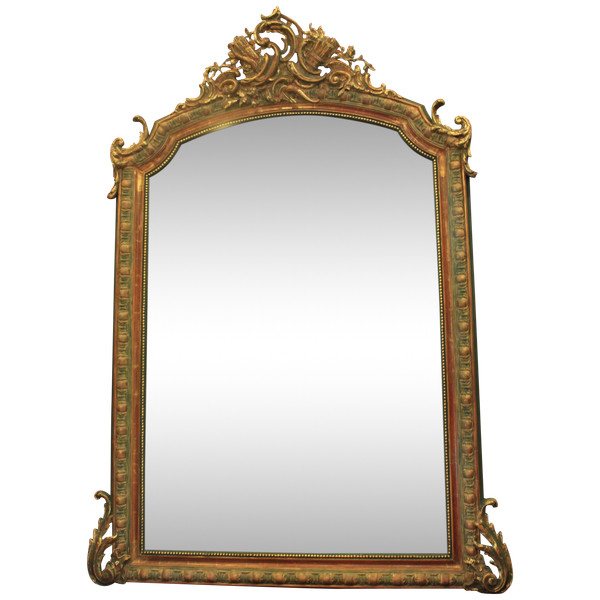 112 X 155 Cm, Miroir Ancien De Cheminée Style Louis XV, Feuille d'Or Et Patine, Glace Biseautée