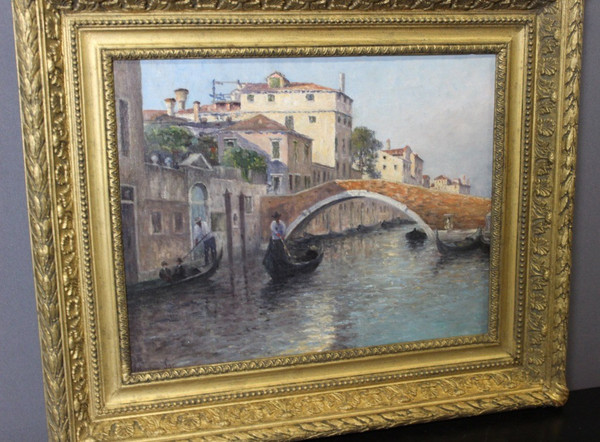 Gondoliers in Venice By Johannes Son , Oil On Canvas