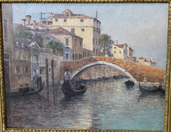 Gondoliers in Venice By Johannes Son , Oil On Canvas