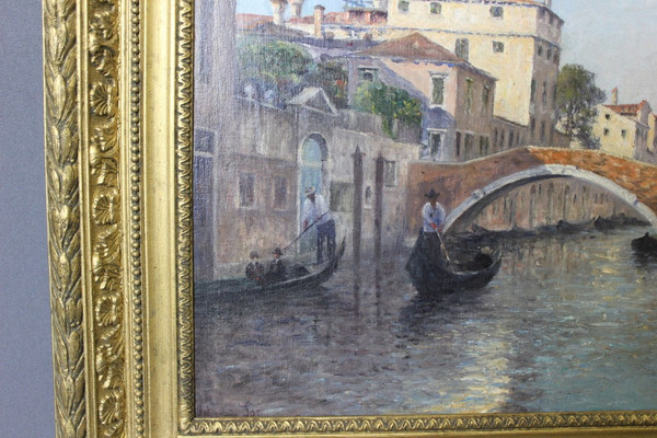 Gondoliers in Venice By Johannes Son , Oil On Canvas