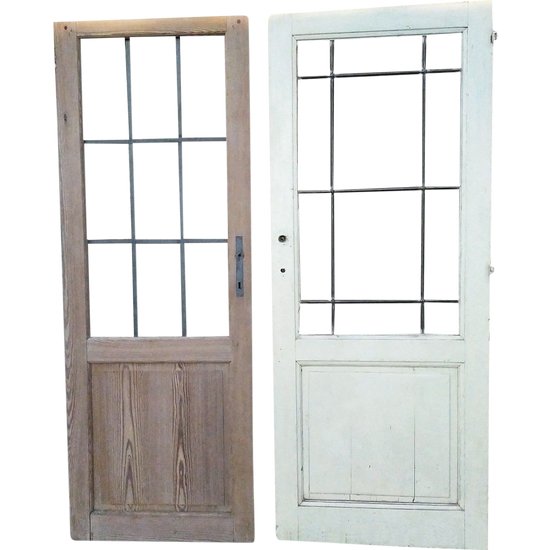 Two Glazed Doors Pitchpin XIXth Metal Barreaux Antique Door