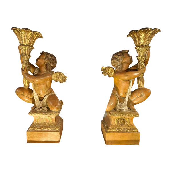 Importante Paire D’anges Porte-torchère En Céramique – Fin XIXe