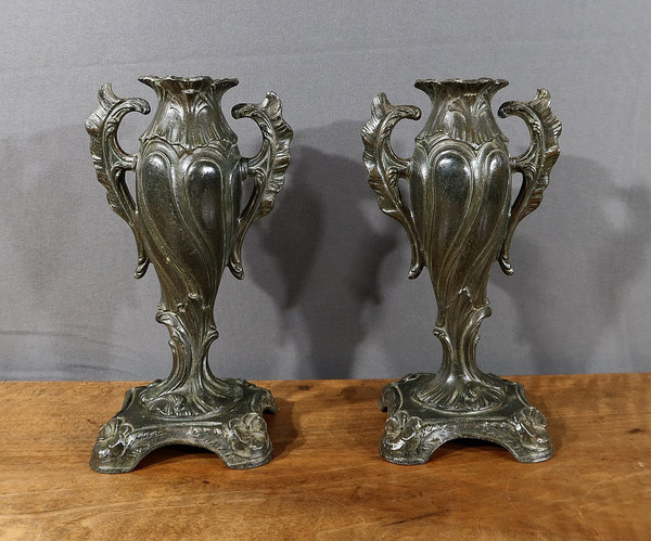 Paire de Soliflores en Régule, Art Nouveau- Fin XIXe