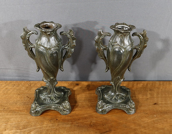Paire de Soliflores en Régule, Art Nouveau- Fin XIXe