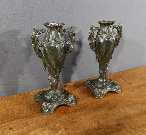 Paire de Soliflores en Régule, Art Nouveau- Fin XIXe