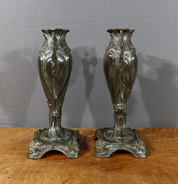 Paire de Soliflores en Régule, Art Nouveau- Fin XIXe