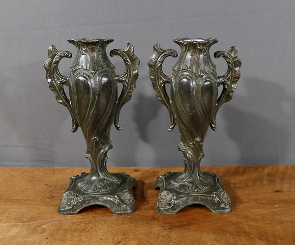 Paire de Soliflores en Régule, Art Nouveau- Fin XIXe