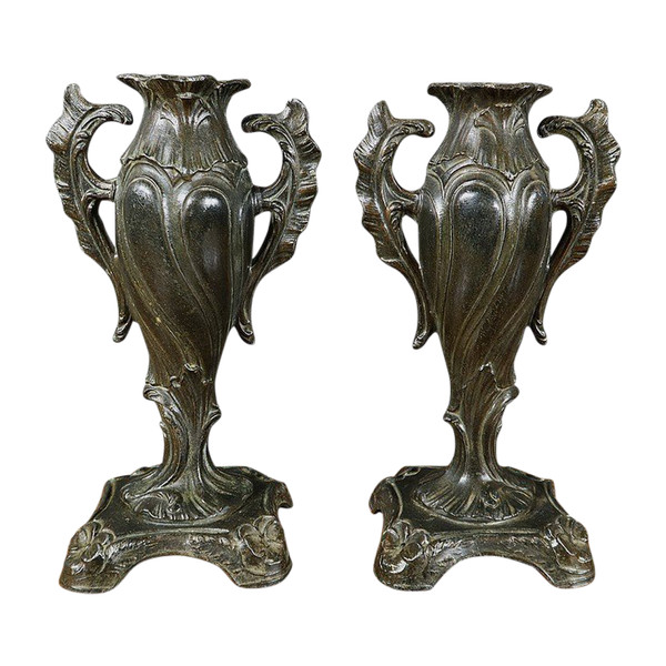 Paire de Soliflores en Régule, Art Nouveau- Fin XIXe