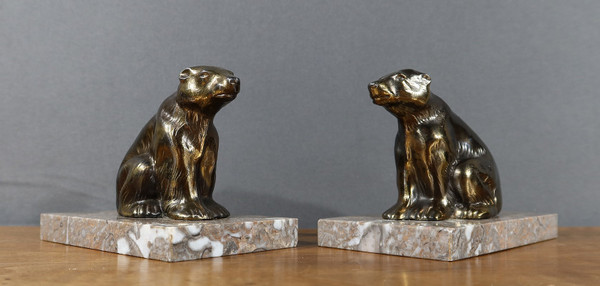 Paire de Serre-Livres « Ours » en Métal Doré – 1920