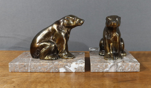 Paire de Serre-Livres « Ours » en Métal Doré – 1920