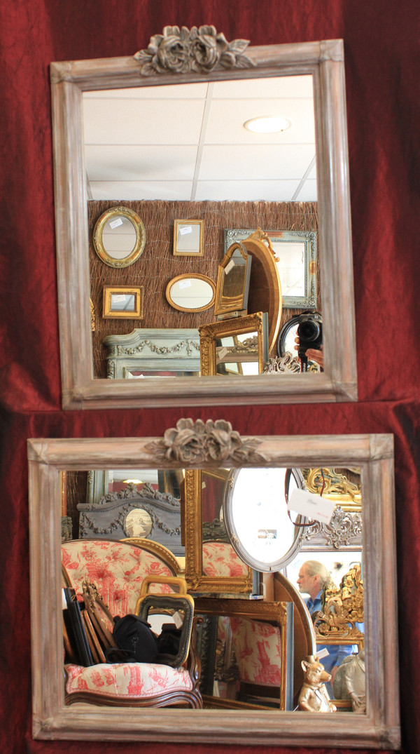 51 X 58 Cm , Faux Pair Of Mirrors, Patina And Flower Designs