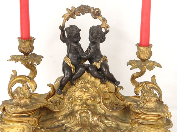Inkwell Louis XV rocaille bronze candlesticks cherubs character 41cm 18th century