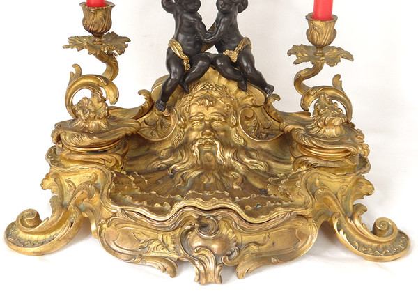 Inkwell Louis XV rocaille bronze candlesticks cherubs character 41cm 18th century