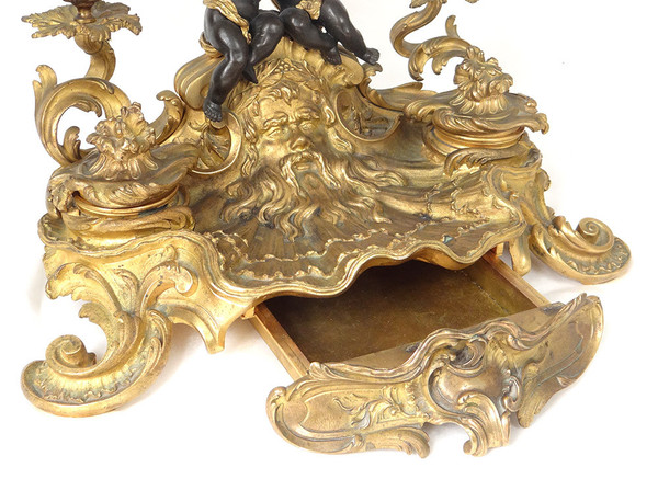 Inkwell Louis XV rocaille bronze candlesticks cherubs character 41cm 18th century