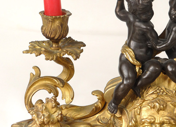 Inkwell Louis XV rocaille bronze candlesticks cherubs character 41cm 18th century